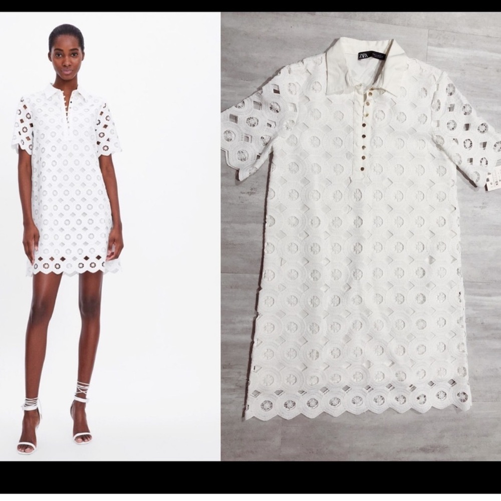 Zara White Eyelet Collared Shift Dress size medium - Picture 2 of 6